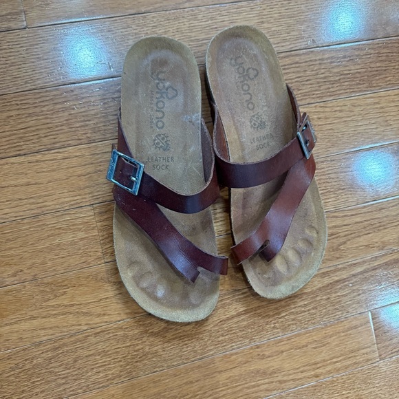 Yokono Ibiza Sandals Womens 9 Brown Leather Flat Toe Loop Yokonos Boho Cork - Picture 2 of 7